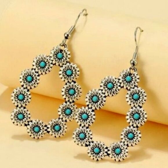 SILVER TURQUOISE FLOWER WATER DROP EARRINGS - Picture 1 of 6